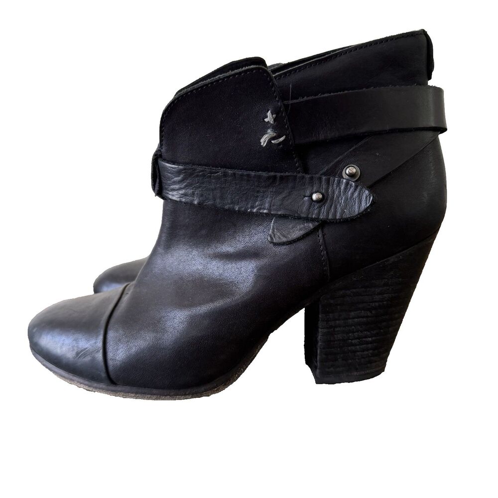Rag & Bone Harrow Black Leather Ankle Boots Stacked Heel Biker Size 39